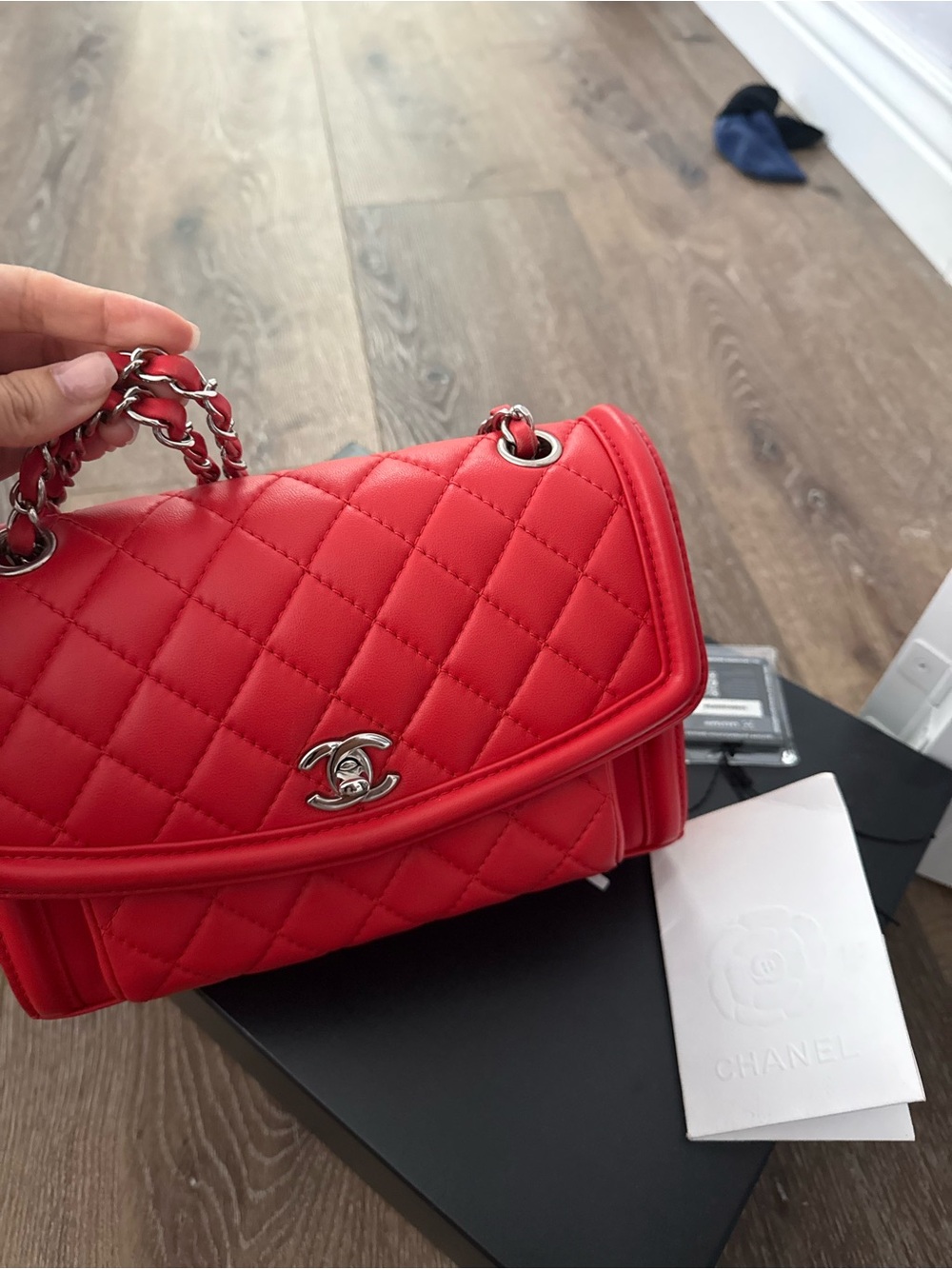 CHANEL Red Quilted Lambskin Shoulder Bag with Silver Hardware